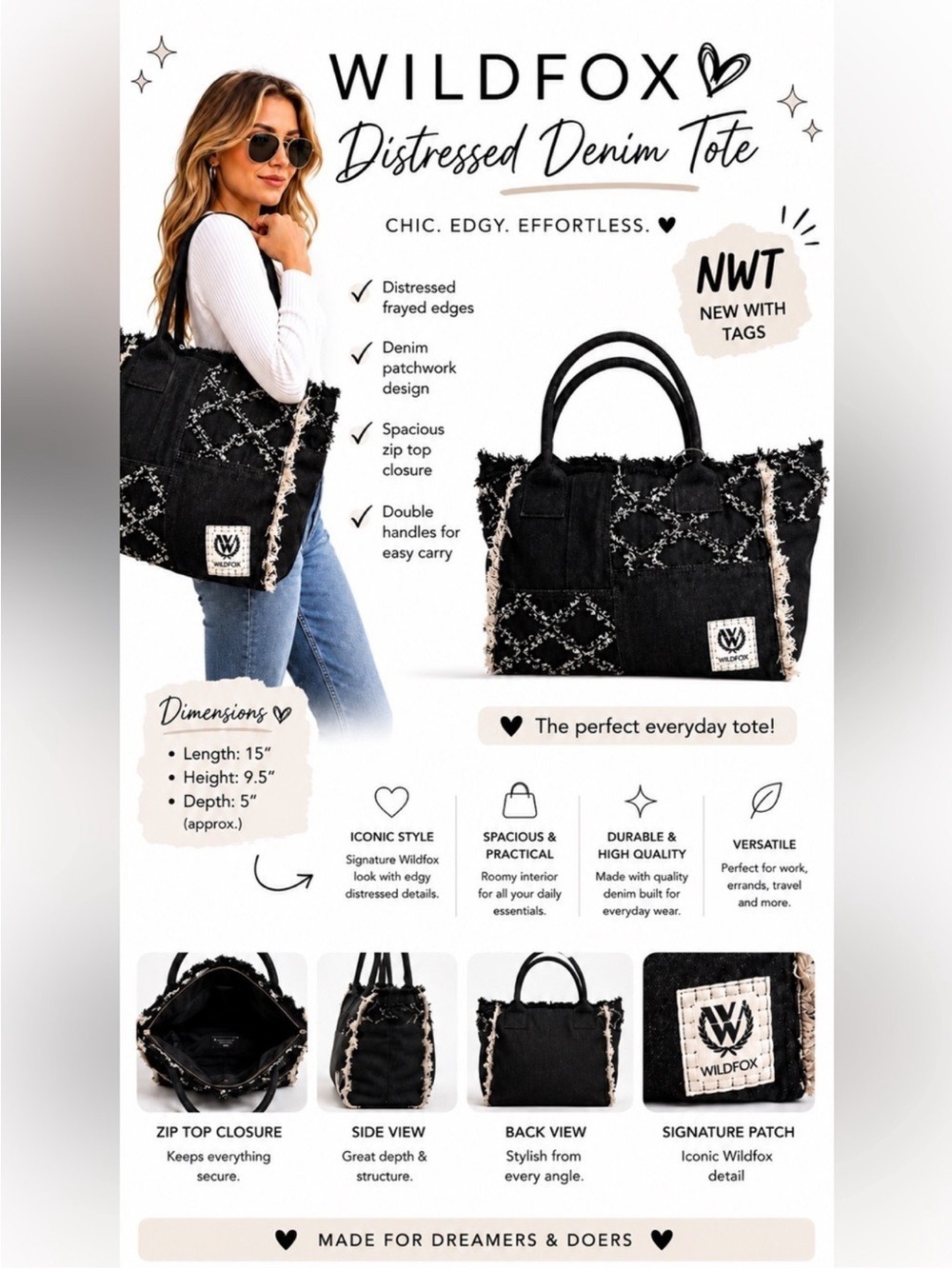 Wildfox Black Fringed DenimTote Bag NWT - Picture 2 of 11